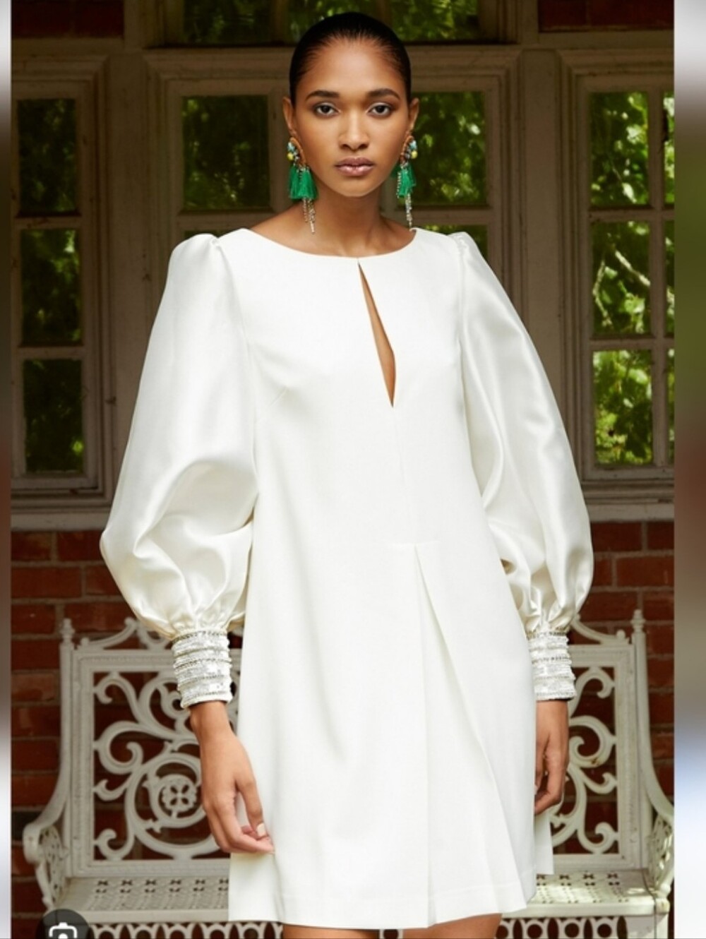 Badgley Mischka Beaded-Cuff Balloon-Sleeve A-Line Dress Womens L  Elegant